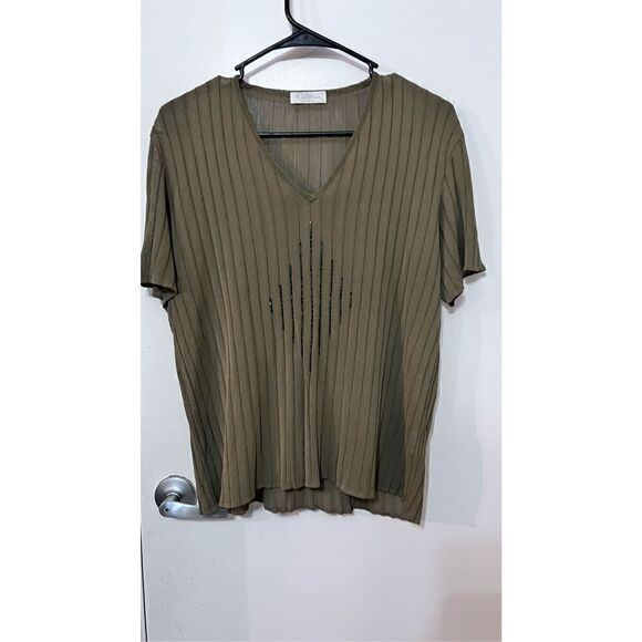 Gaby Tricot Women's Ribbed Short Sleeve V-Neck Tube Sequin Green T-Shirt Size L - Picture 1 of 10
